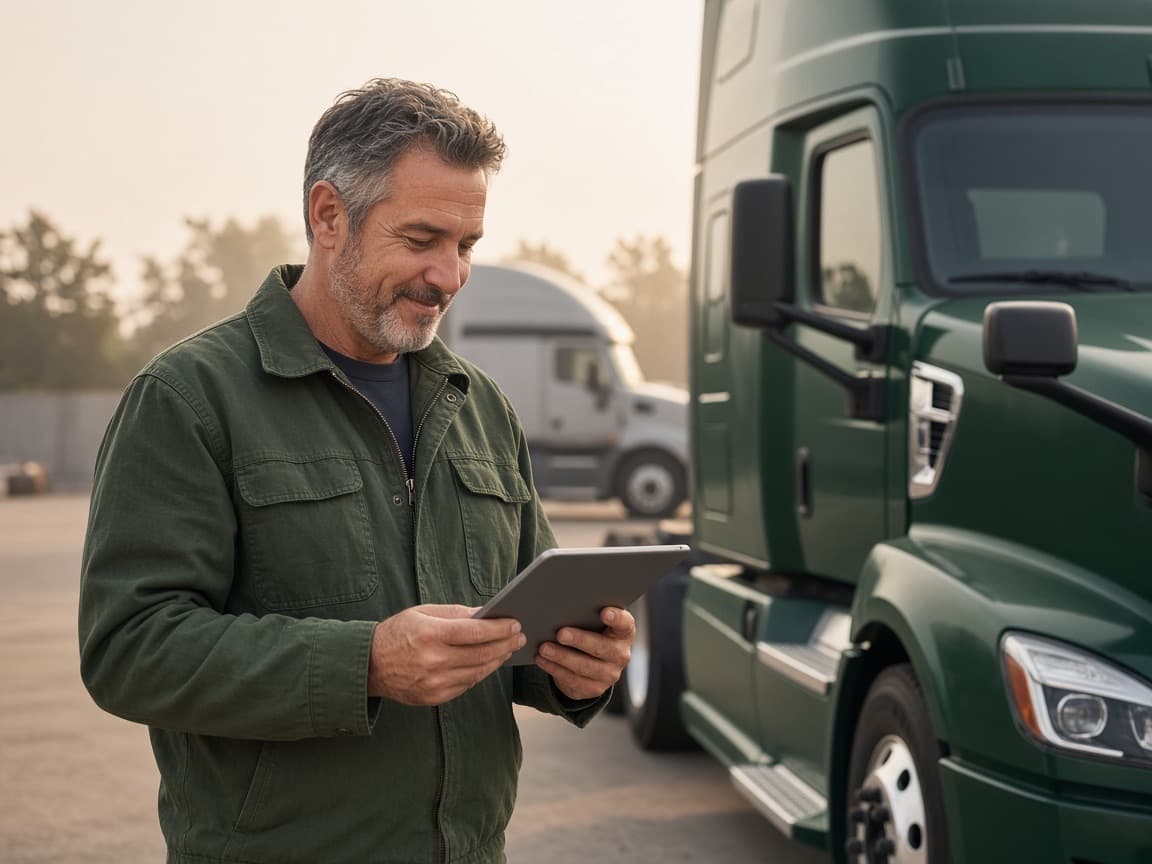 Owner-operator reviewing his company details on a tablet beside his truck